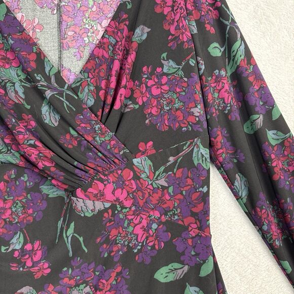 Chaps Ralph Lauren Jersey Dress L Dark Floral Faux Wrap Stretch Career Feminine - Picture 4 of 14